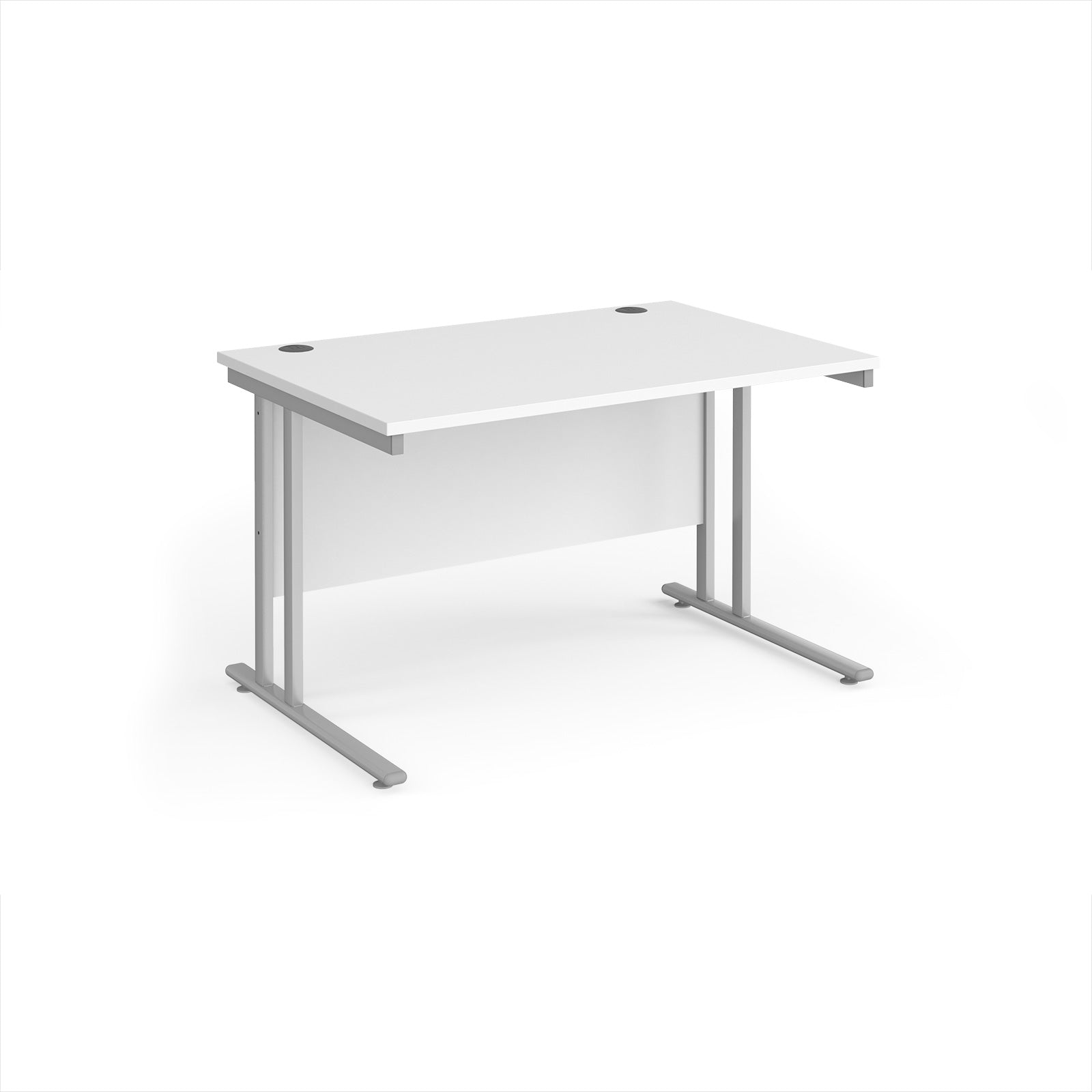 White office desk with silver legs on a white background