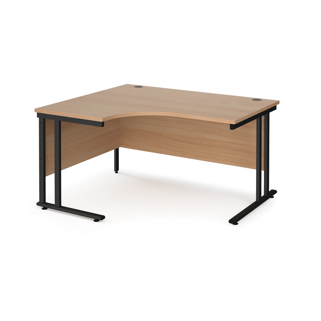 Corner office desk with wooden top and black metal legs on a white background