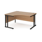 Corner office desk with wooden top and black metal legs on a white background