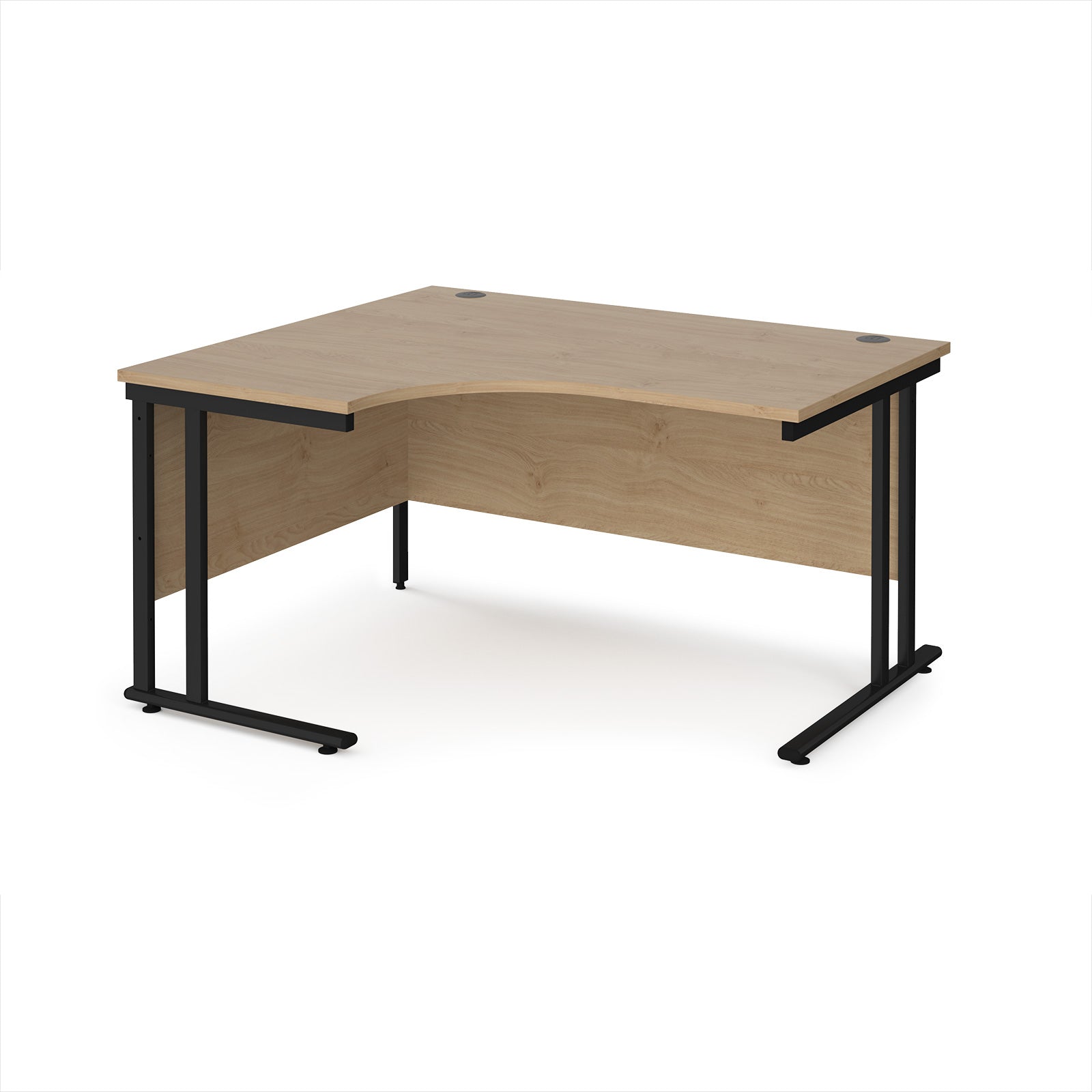 Wooden corner desk with black metal legs on a white background