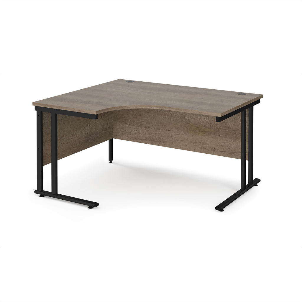 Corner desk with wooden top and black metal legs on a white background