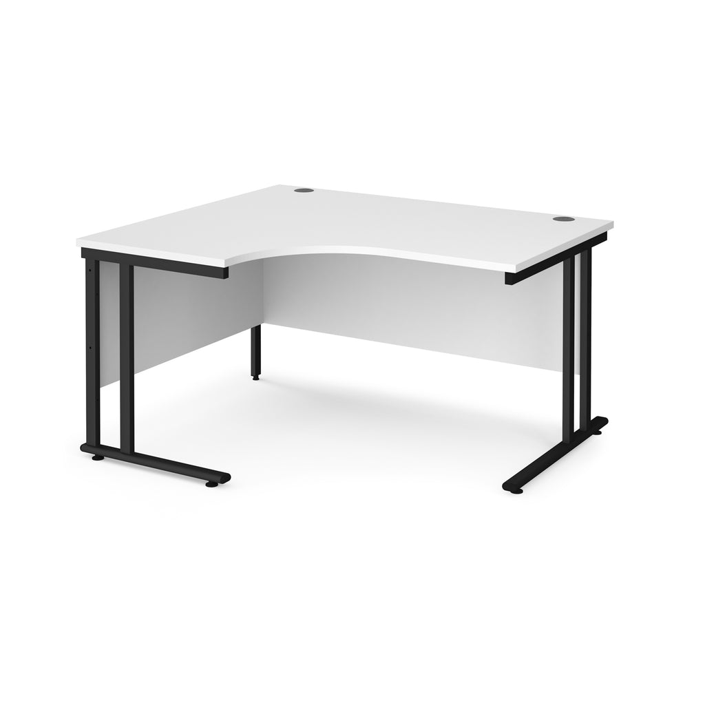 Corner office desk with white top and black metal legs on a white background