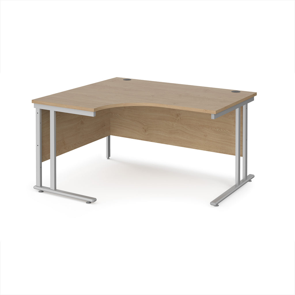 Wooden corner desk with metal legs on a white background