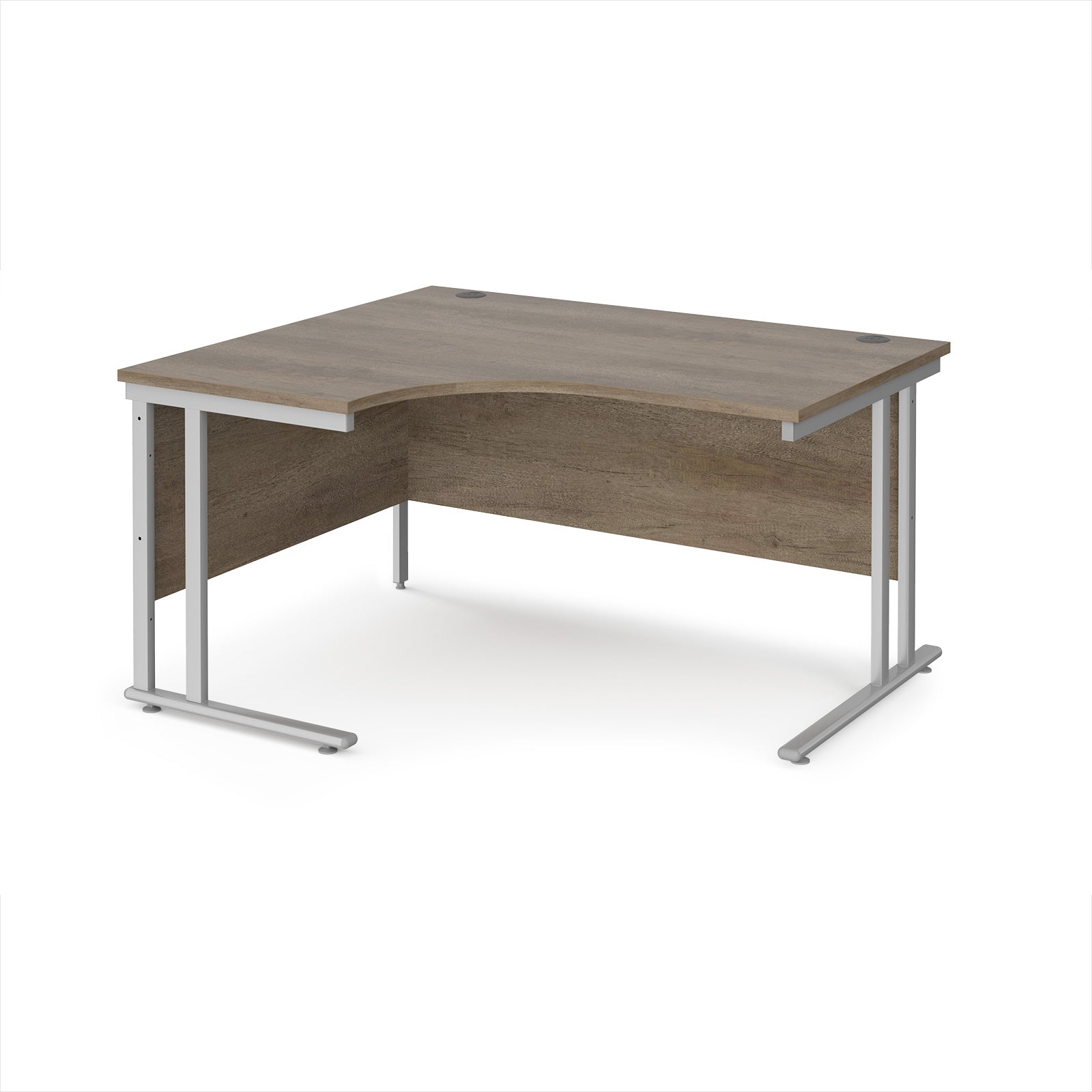 Corner office desk with wooden top and silver metal legs on a white background