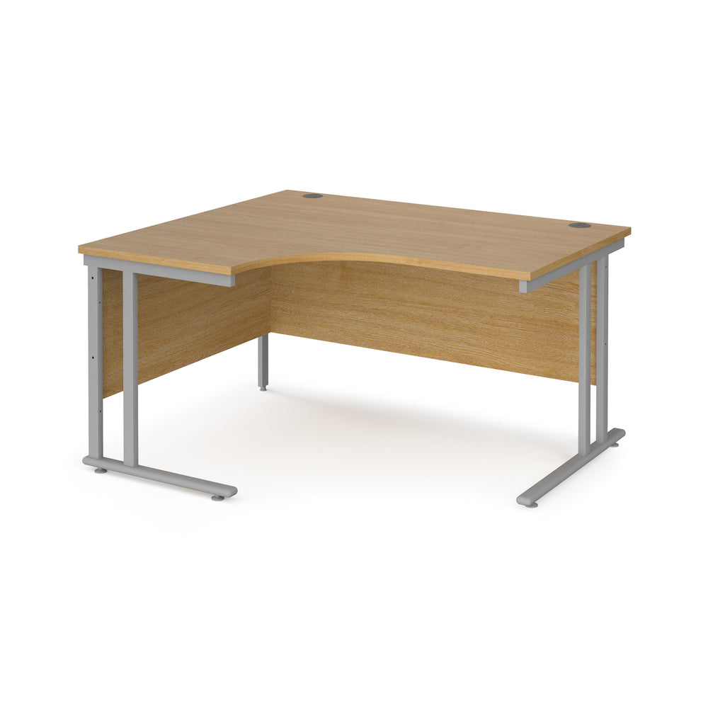 Wooden corner desk with metal legs on a white background