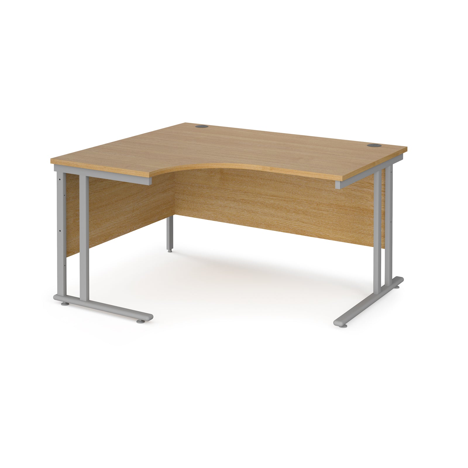 Wooden corner desk with metal legs on a white background