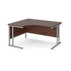 Wooden corner desk with metal legs on a white background