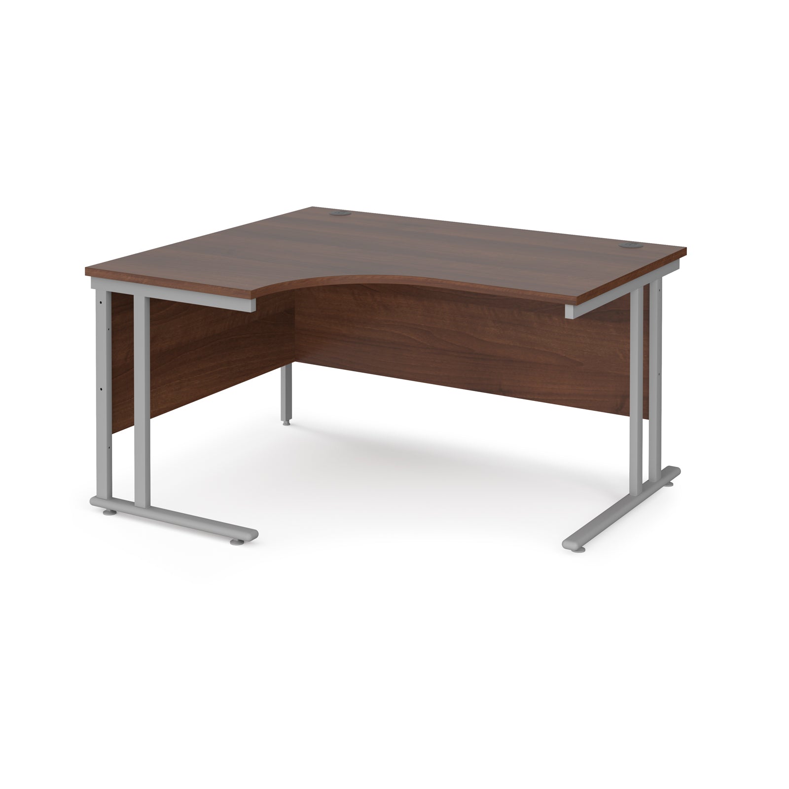 Wooden corner desk with metal legs on a white background