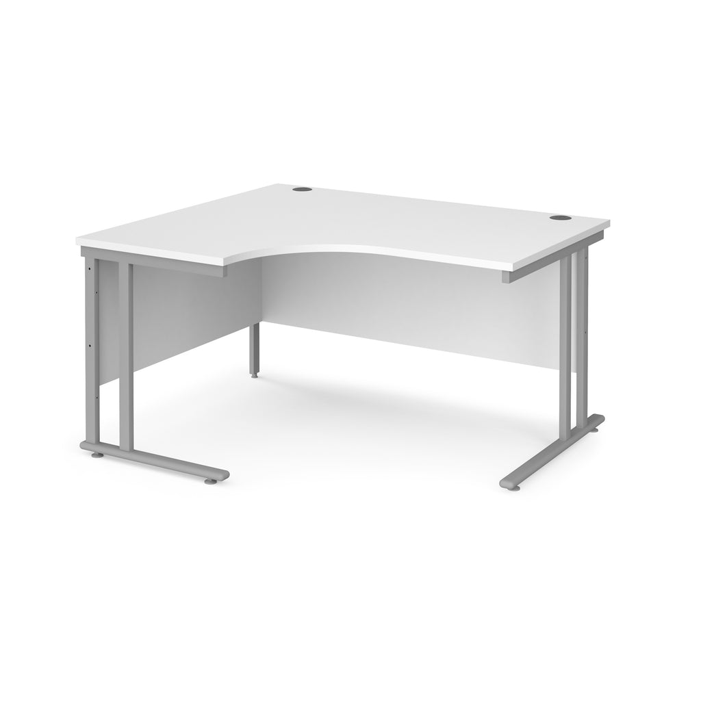White corner desk with silver metal legs on a white background