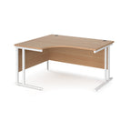 Wooden corner desk with white metal frame on a white background