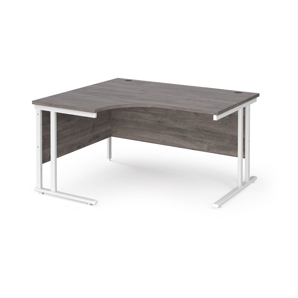 Corner office desk with dark wood finish and white metal frame on a white background