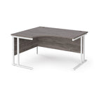 Corner office desk with dark wood finish and white metal frame on a white background
