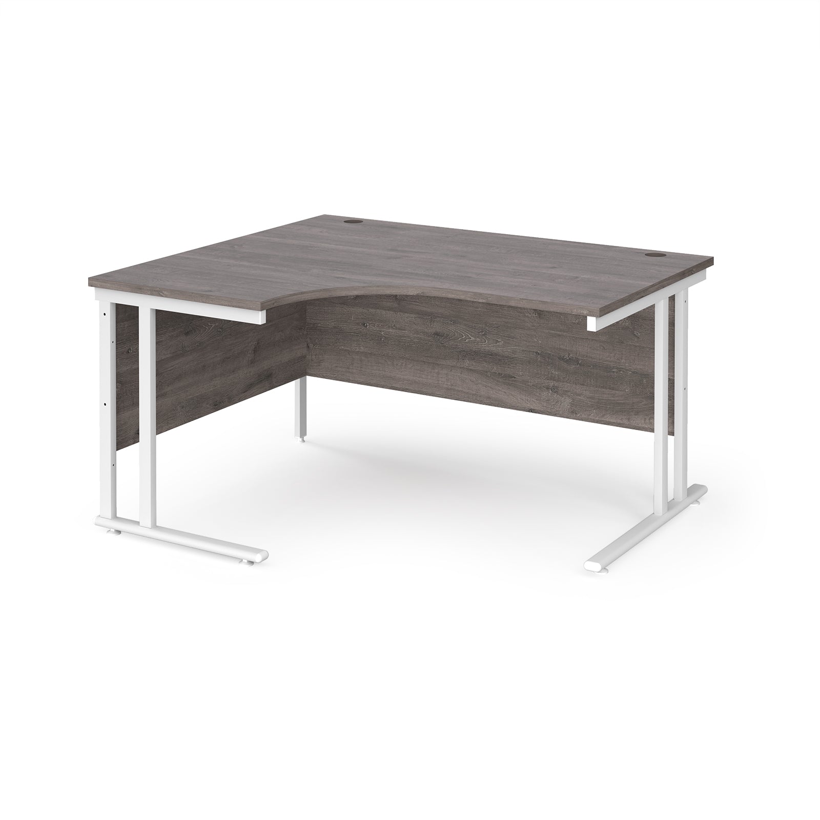 Corner office desk with dark wood finish and white metal frame on a white background