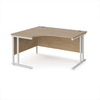 Wooden corner desk with white metal legs on a white background
