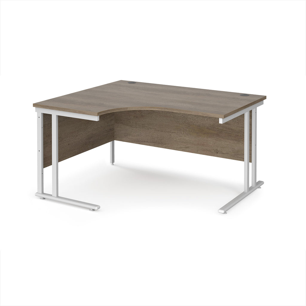 Corner office desk with wooden top and white metal frame on a white background
