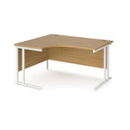 Wooden corner desk with white metal legs on a white background