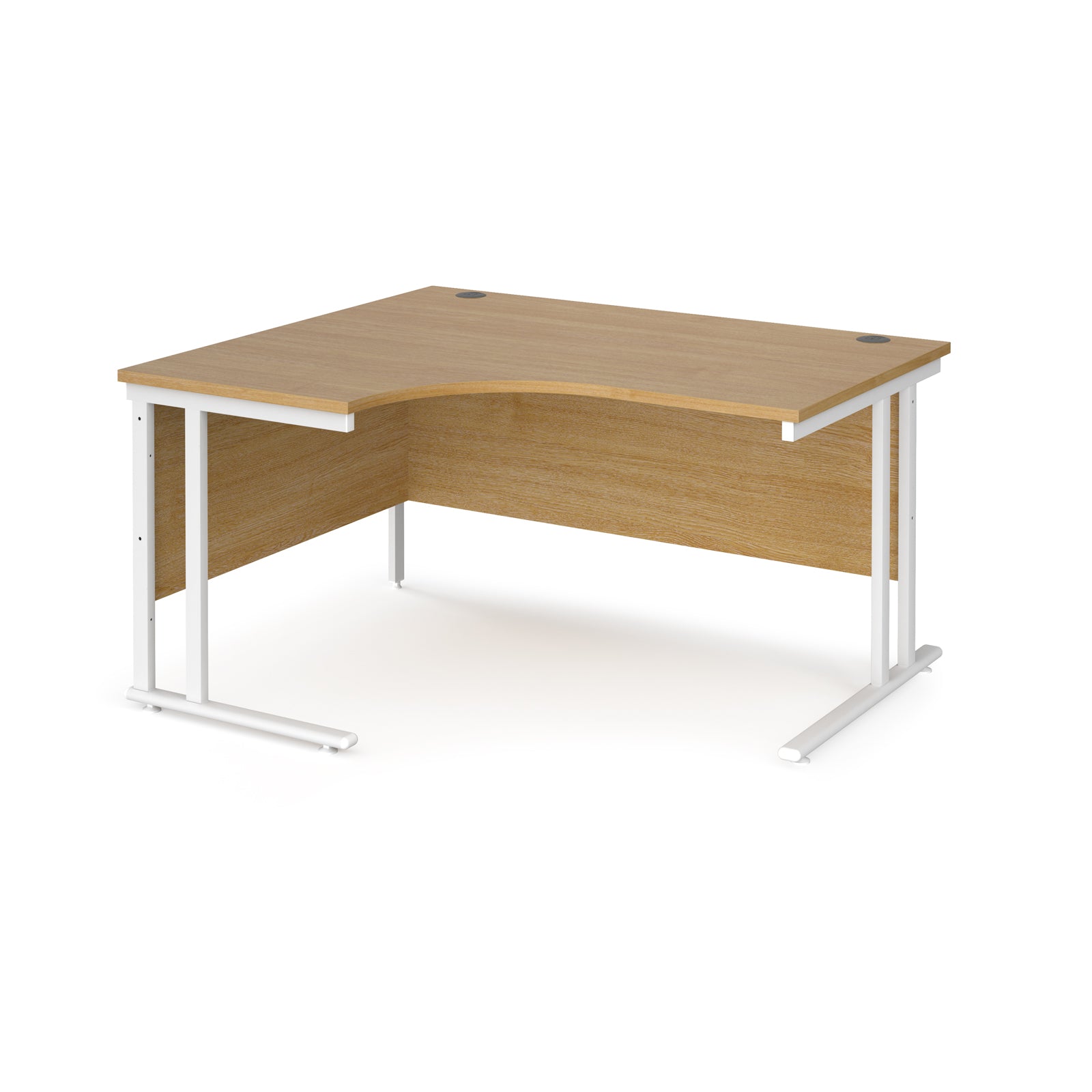 Wooden corner desk with white metal legs on a white background