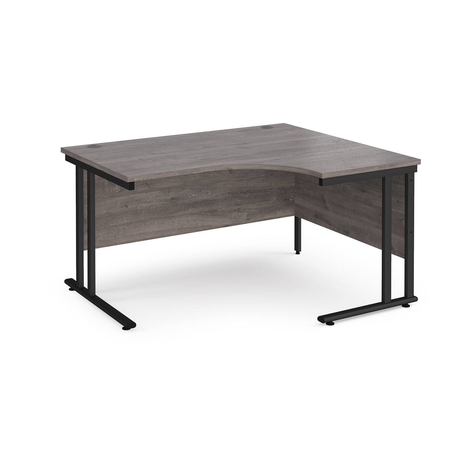 Corner office desk with wooden top and black metal legs on a white background