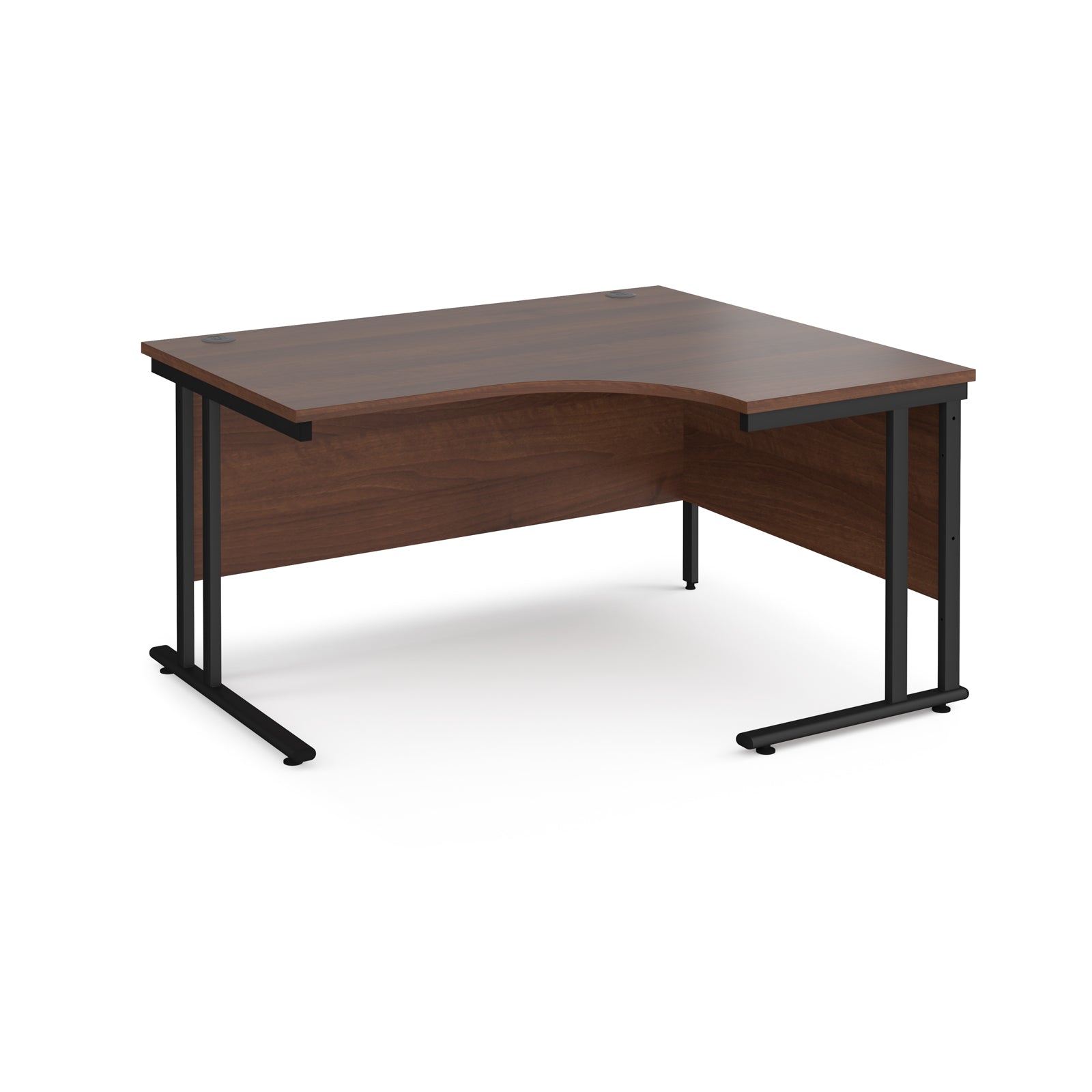Wooden corner desk with black metal legs on a white background