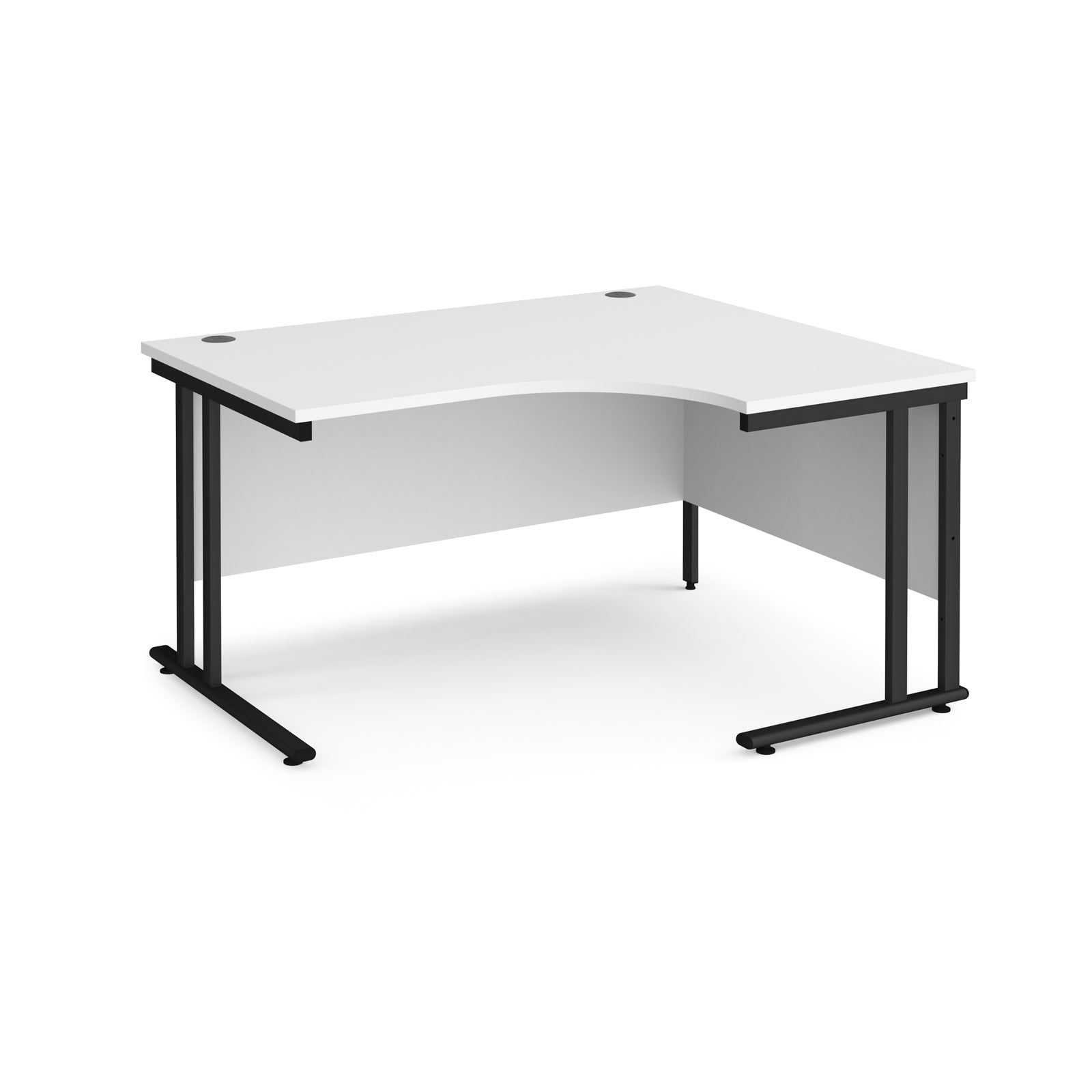 White corner desk with black legs on a white background