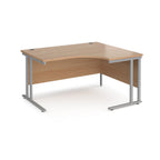 Wooden corner desk with metal legs on a white background