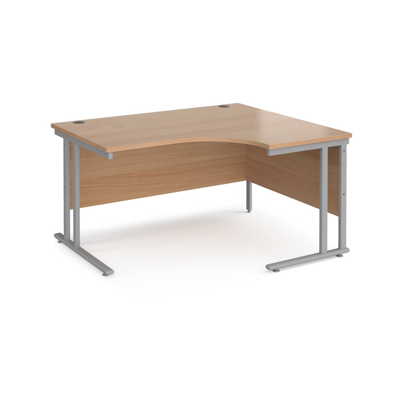 Wooden corner desk with metal legs on a white background