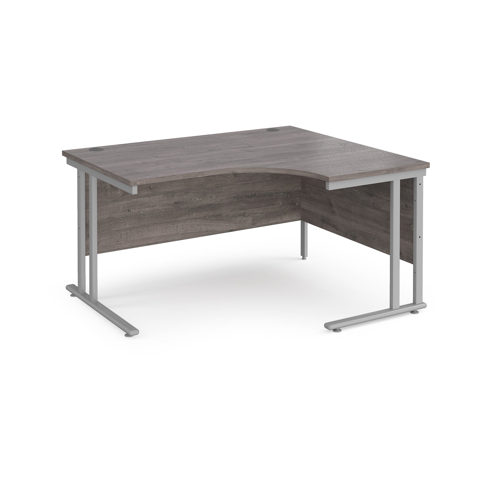 Corner office desk with wooden top and metal legs on a white background