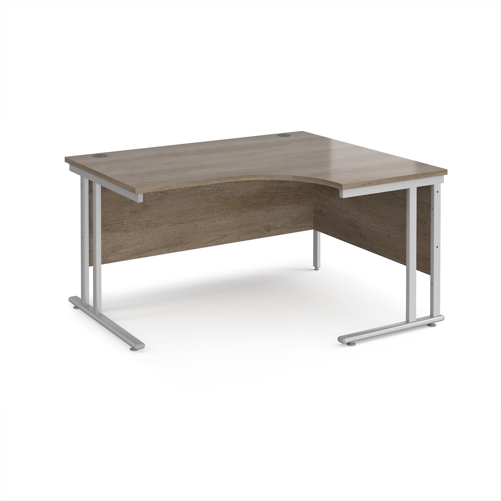 Corner office desk with wooden top and metal legs on a white background