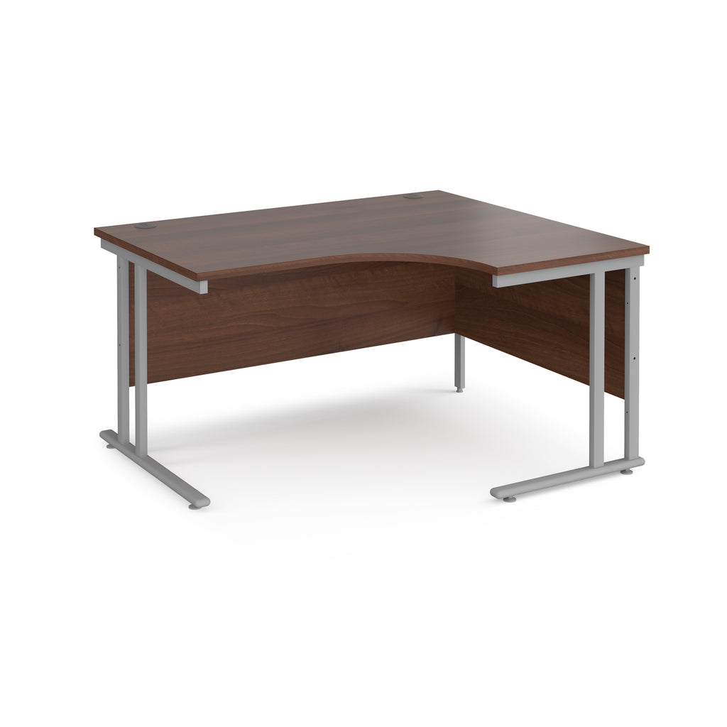 Wooden corner desk with metal legs on a white background