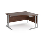 Wooden corner desk with metal legs on a white background