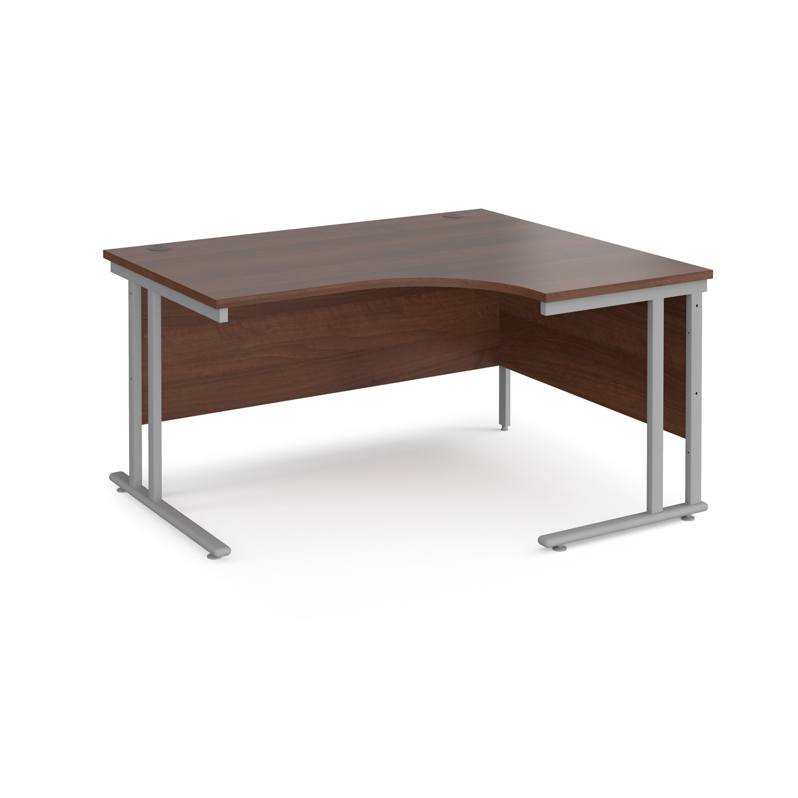 Wooden corner desk with metal legs on a white background
