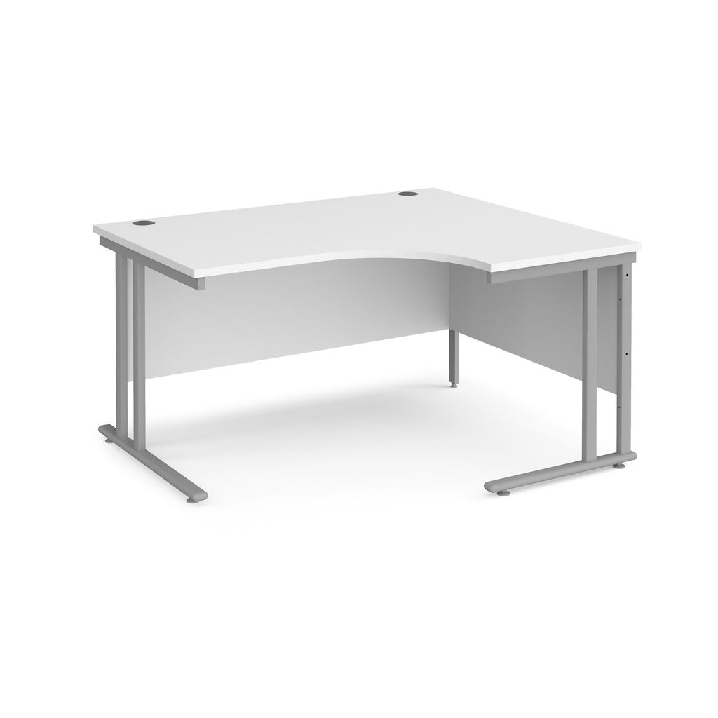 White corner office desk with silver metal legs on a white background