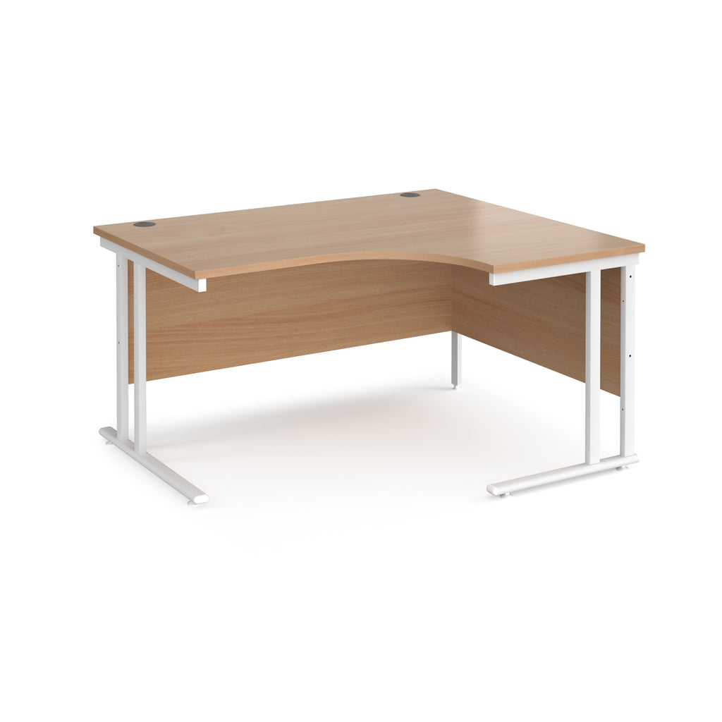 Wooden corner desk with white metal legs on a white background