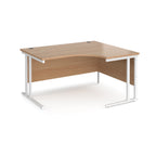 Wooden corner desk with white metal legs on a white background
