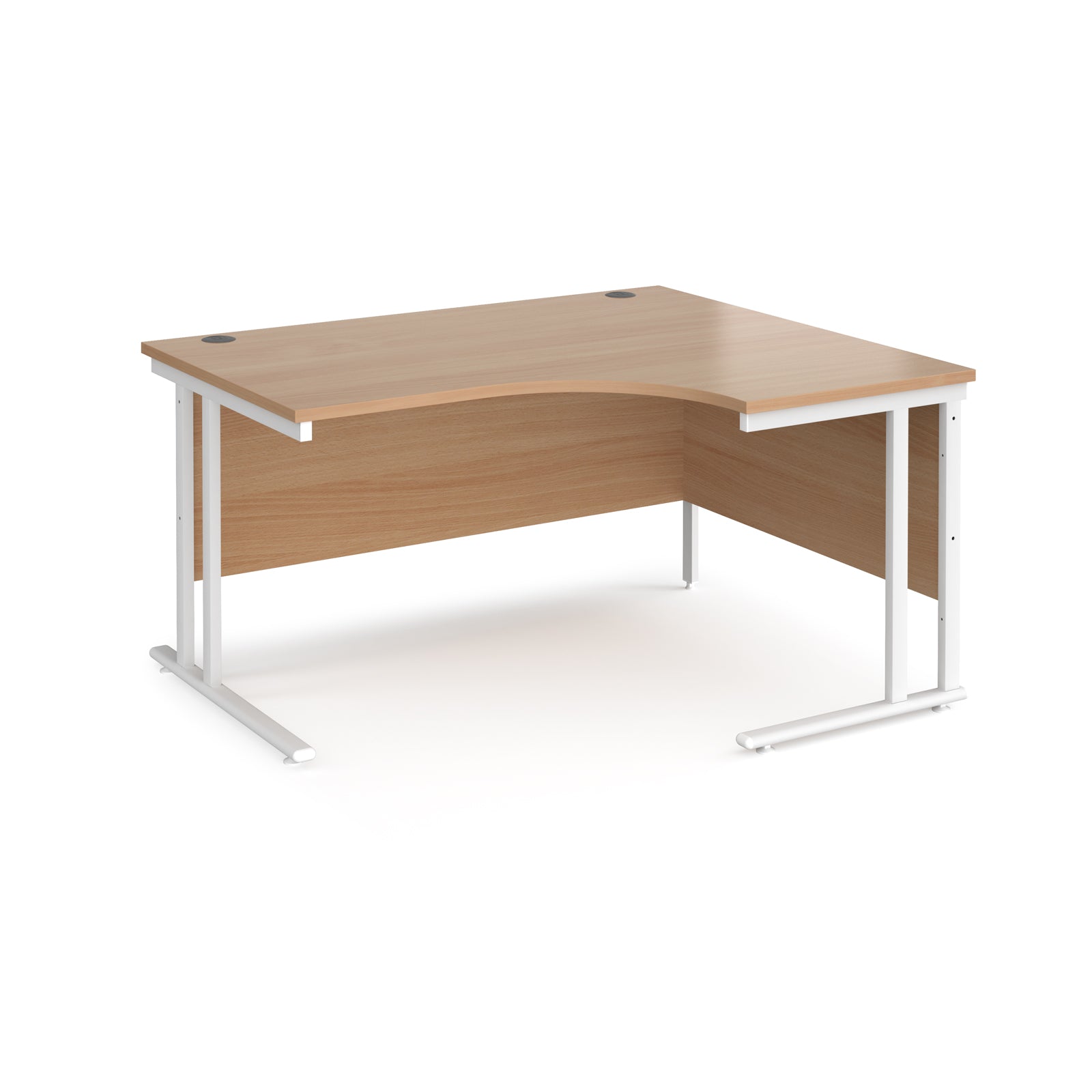 Wooden corner desk with white metal legs on a white background