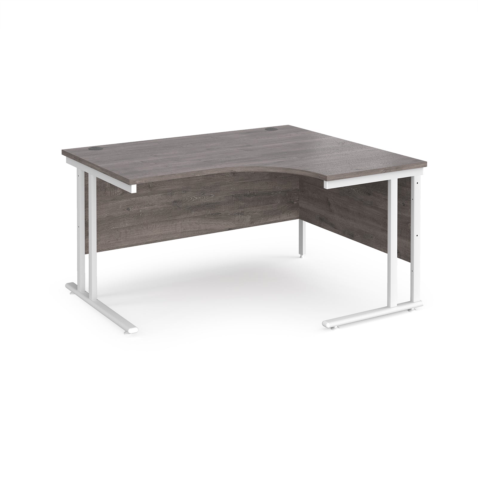 Corner office desk with wooden top and white metal legs on a white background