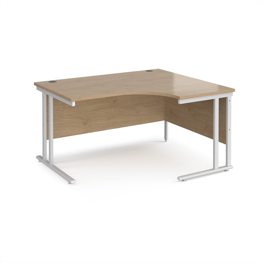Wooden corner desk with white metal legs on a white background