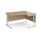 Wooden corner desk with white metal legs on a white background