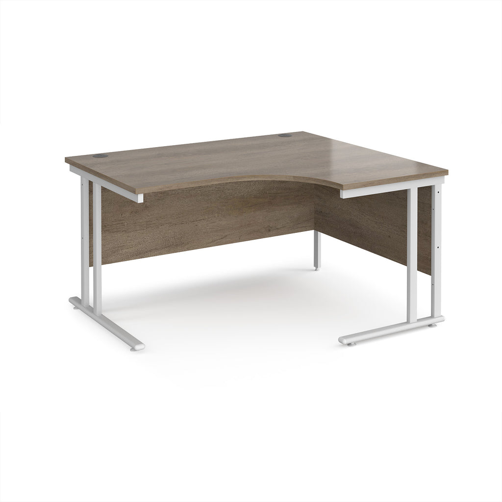 Corner office desk with wooden top and white metal legs on a white background