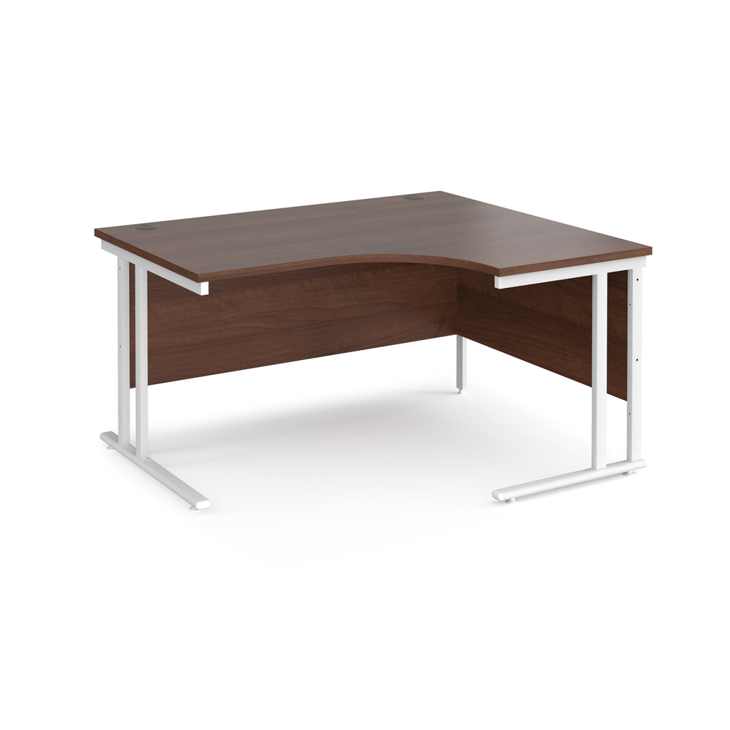Wooden corner desk with white metal legs on a white background