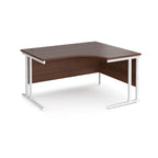 Wooden corner desk with white metal legs on a white background
