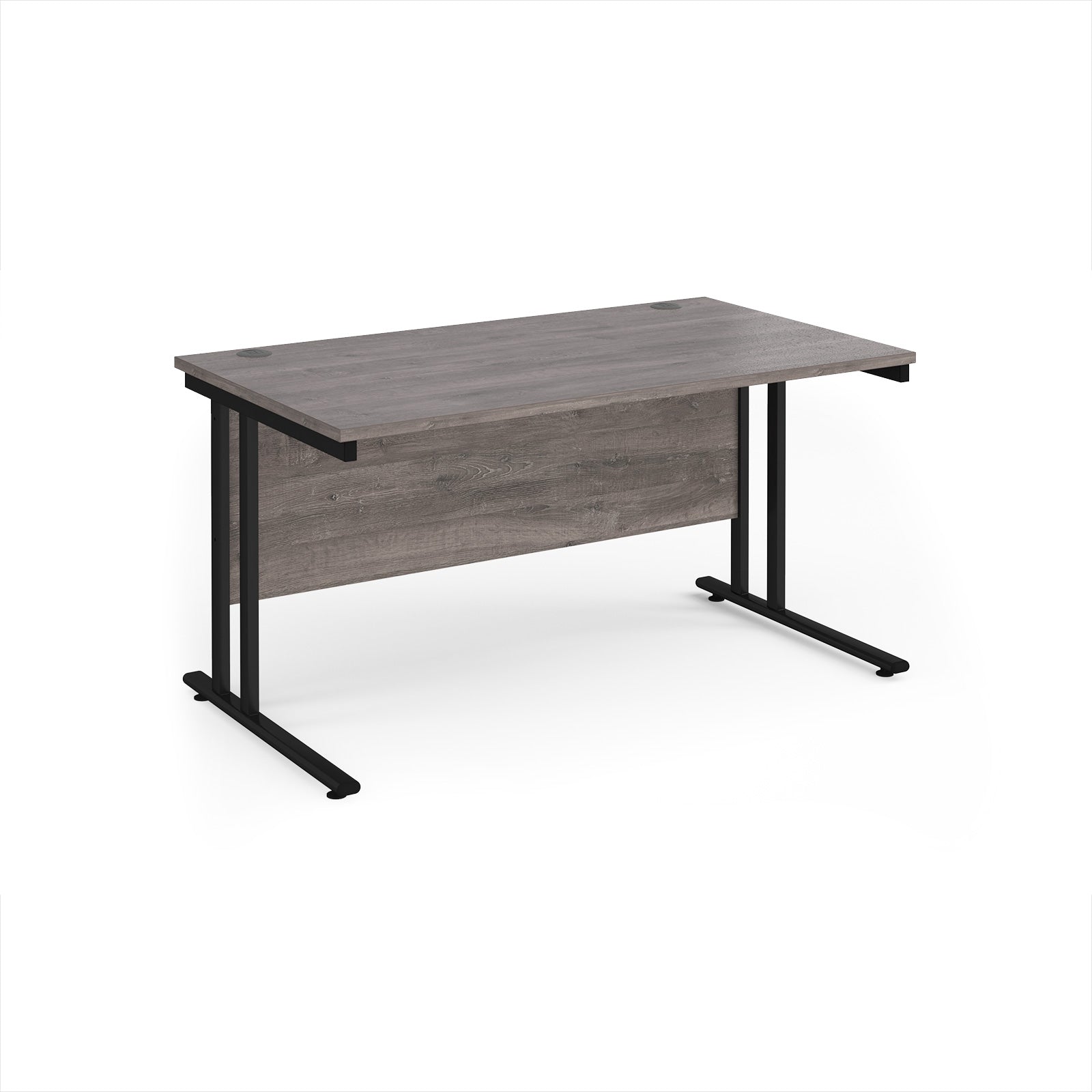 Wooden desk with black metal legs on a white background