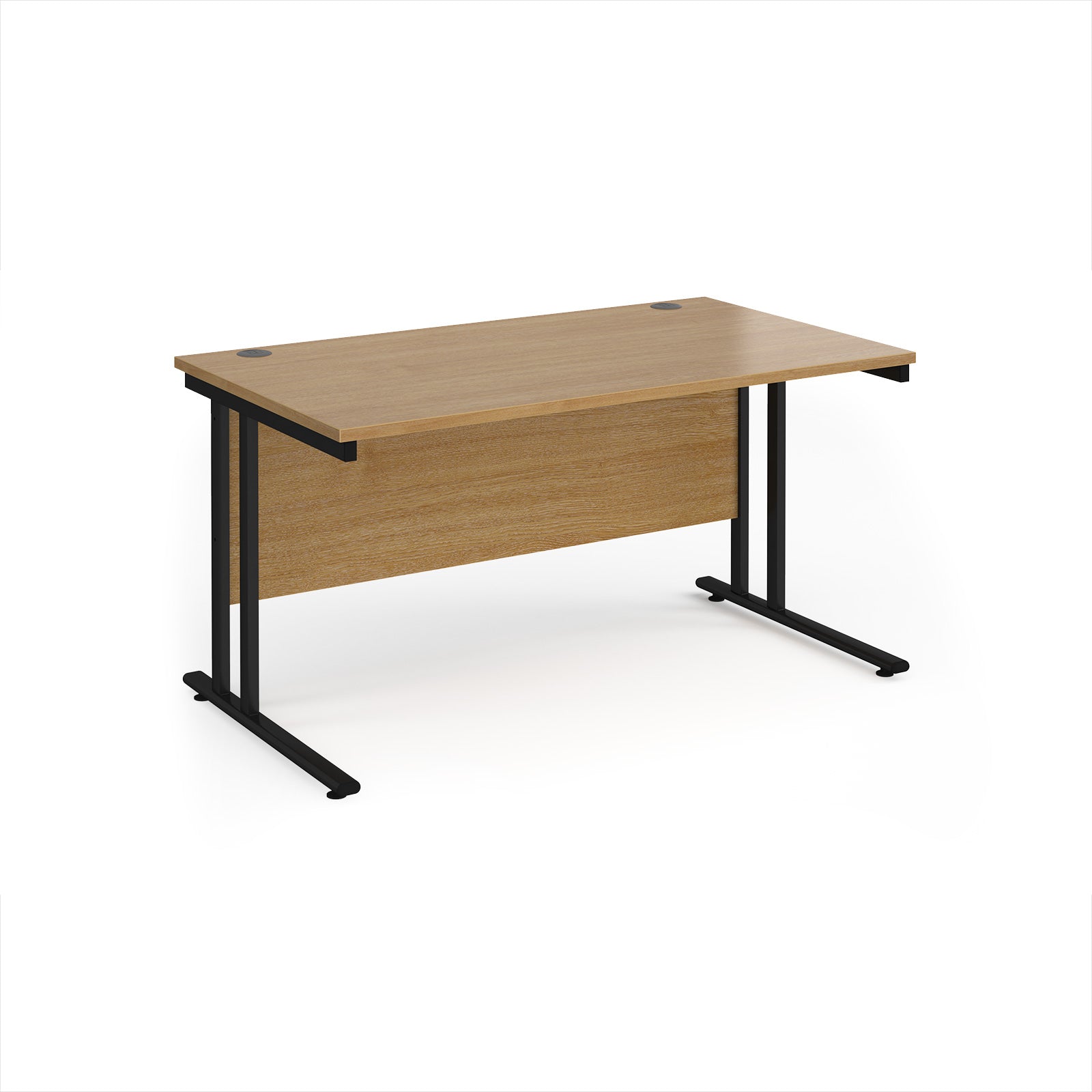 Wooden desk with black metal legs on a white background
