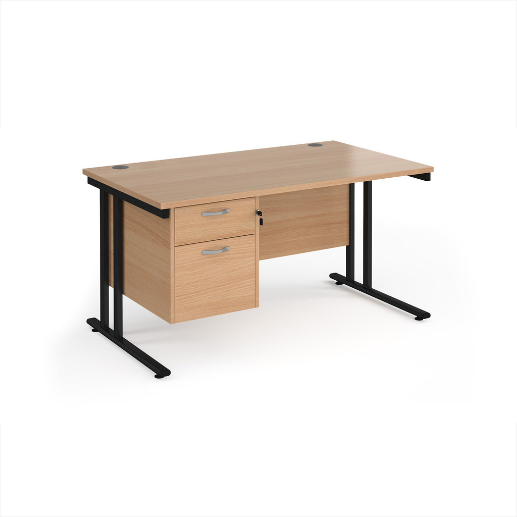 Wooden office desk with black legs and fixed pedestal on a white background