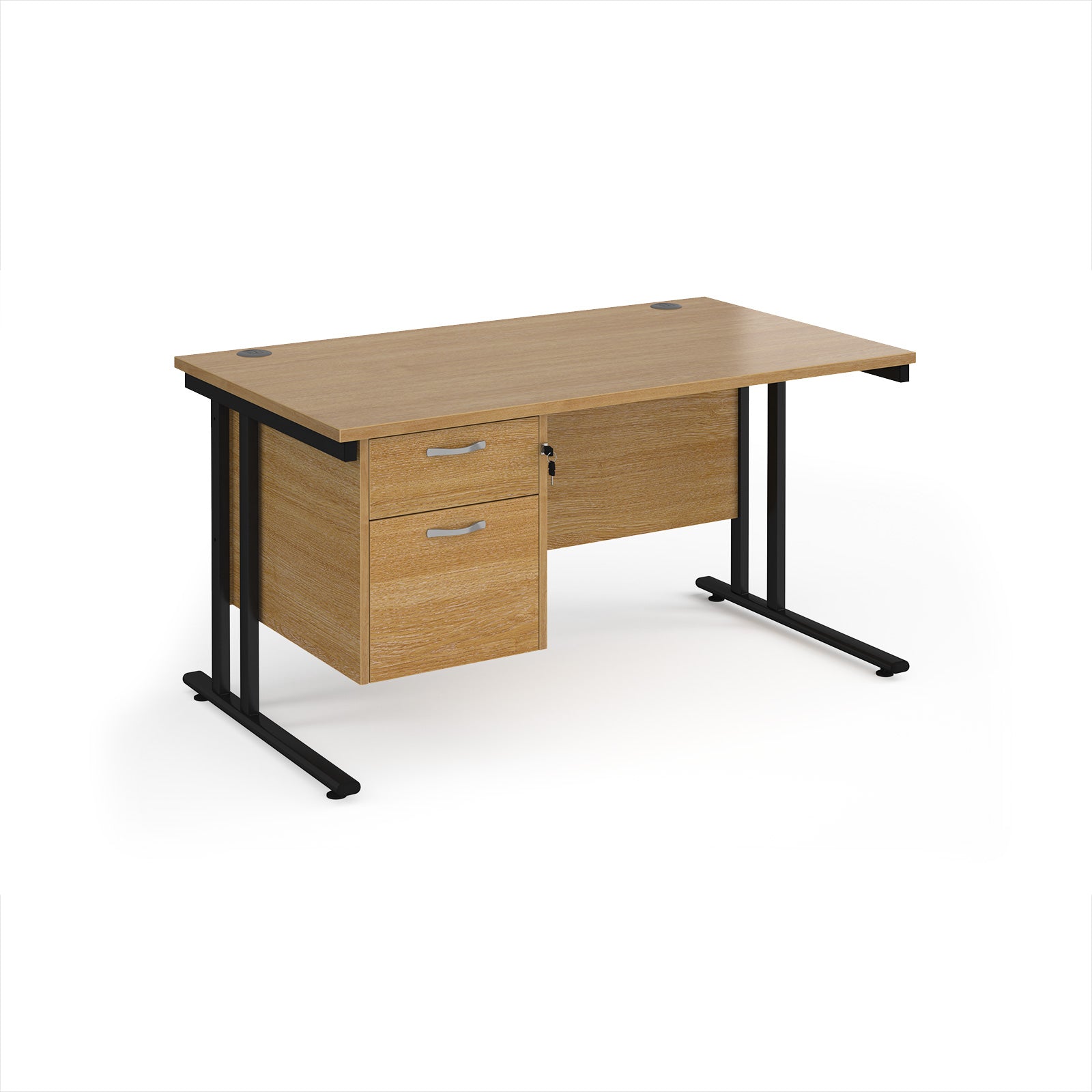 Wooden office desk with black legs and fixed pedestal on a white background