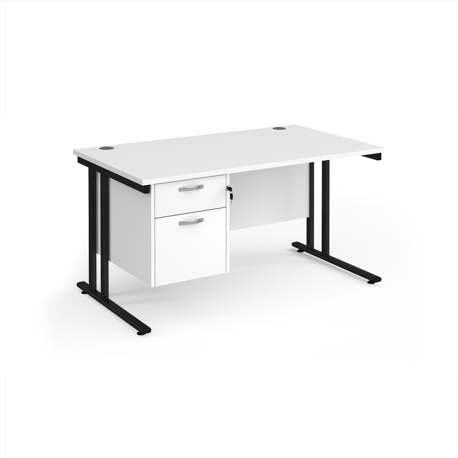 White office desk with black legs and fixed pedestal on a white background