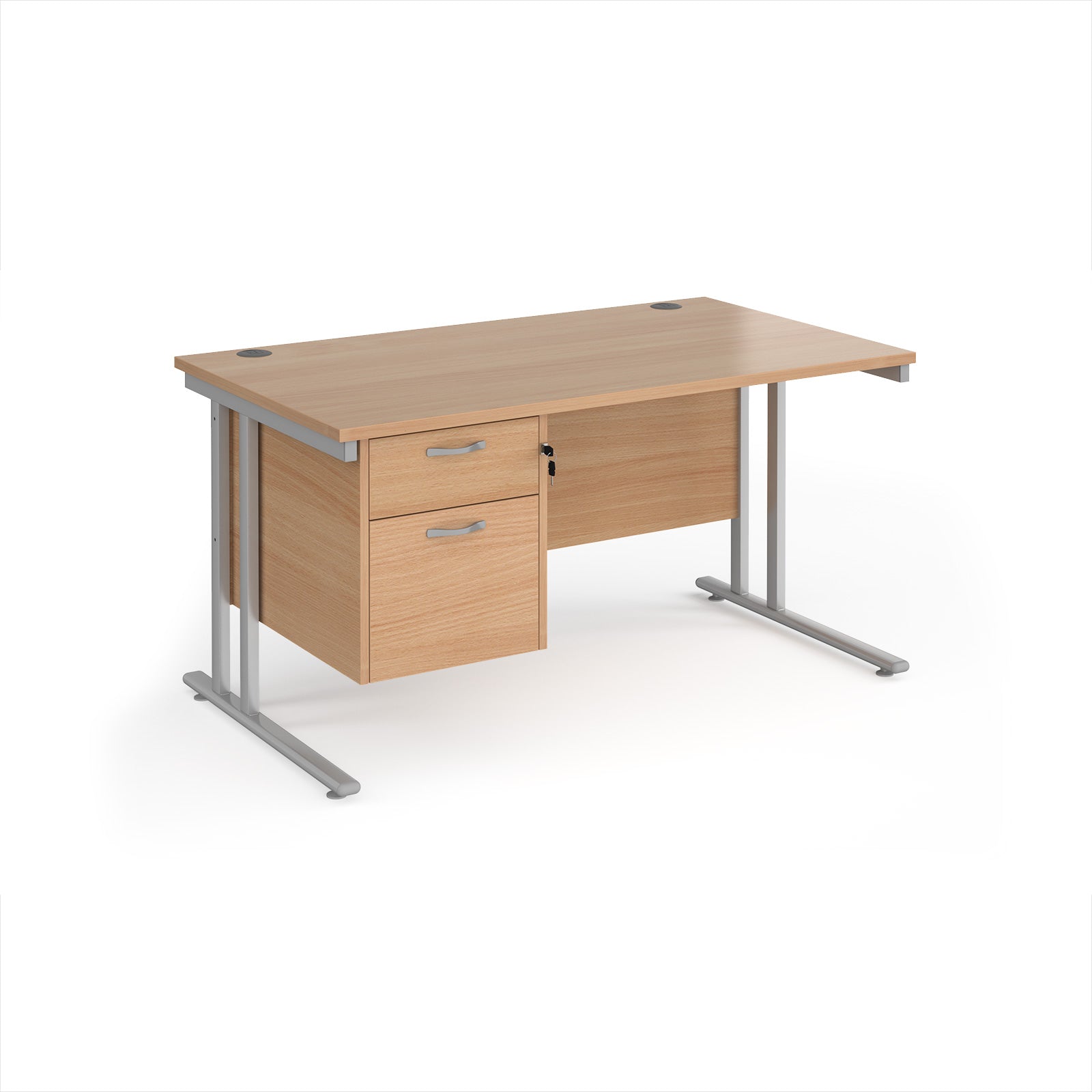 Wooden office desk with metal legs and two drawers on a white background
