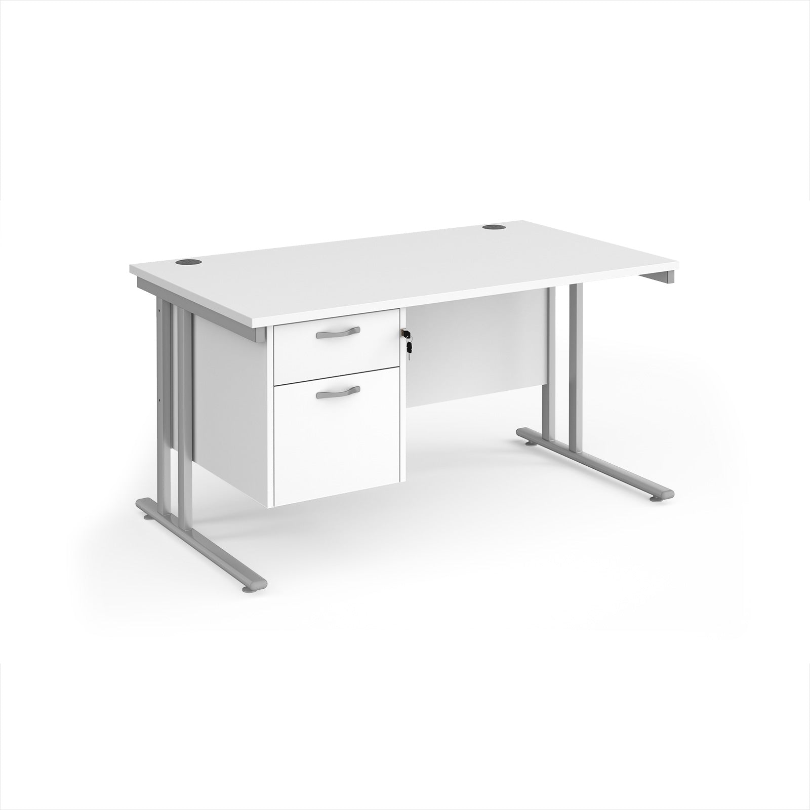 Wooden office desk with two drawers and metal legs on a white background