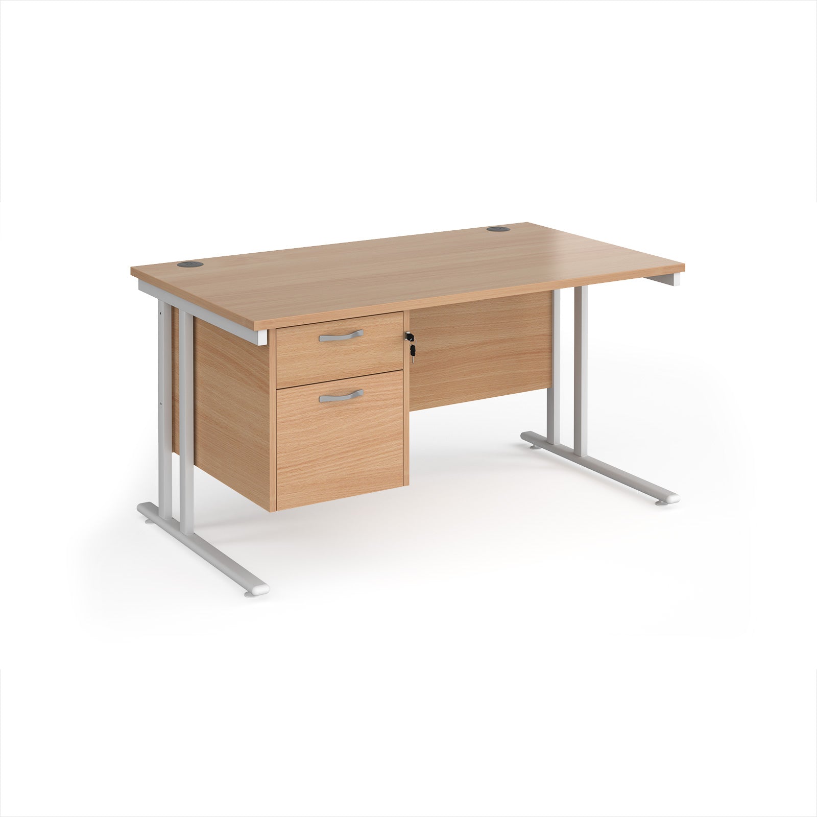 Wooden office desk with two drawers and metal legs on a white background