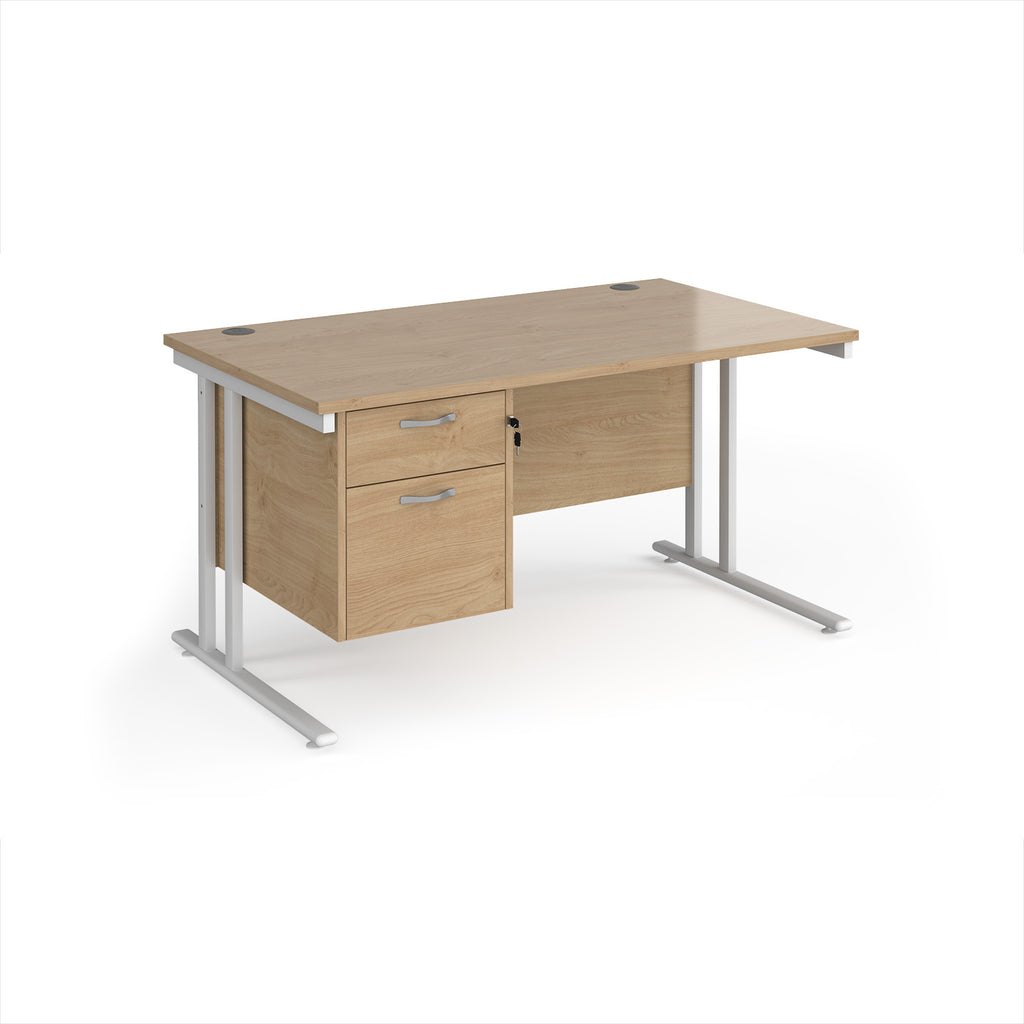 Wooden office desk with two drawers and black legs on a white background
